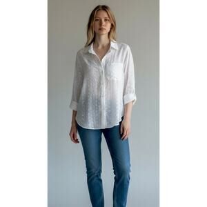 Velvet Heart White Eyelet Button Down Shirt Floral Embroidered Roll Tab Sleeve S
